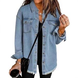 Stylish Blue Denim Jacket with Frayed Hem SZ S